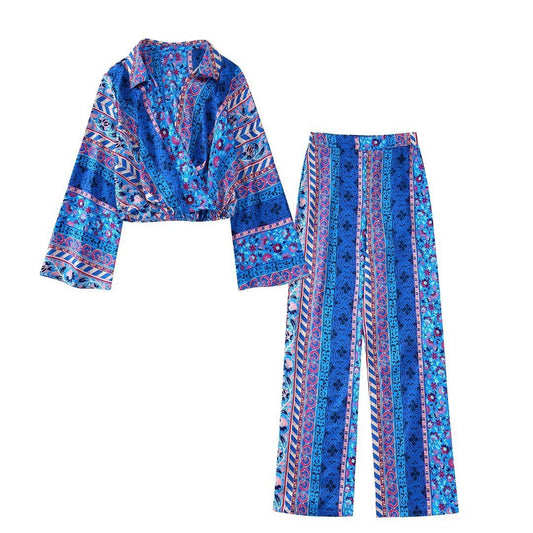 Satin Texture Pleated Loose Printed Shirt Wide Leg Pants Women