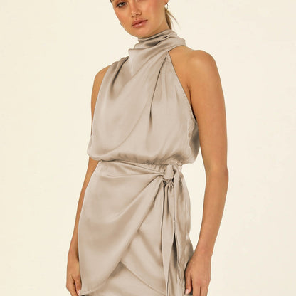 Elegant Halter Neck Dress Fashion Sleeveless Waist-tied Short Dresses For Evening Party Clothing Women