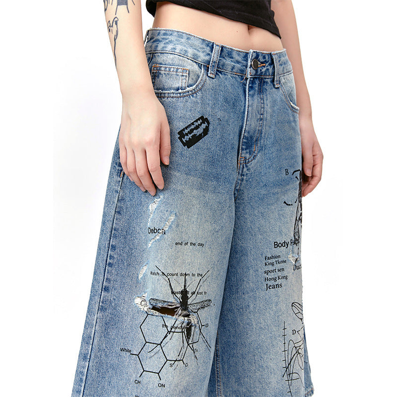 American Style Retro Street Graffiti Printing Destroyed Wormhole Cropped Jeans