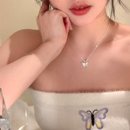 Women's Square Line Opal Butterfly Necklace