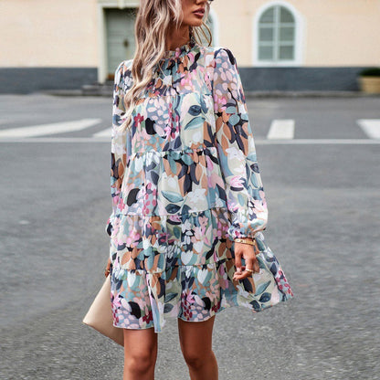 Puff Sleeve Elegant Long Sleeve Printed Dress