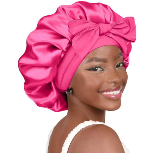 Double-layer Satin Ribbon Round Cap Bow Artificial Silk Beauty Hair Care Wide-brimmed Hat