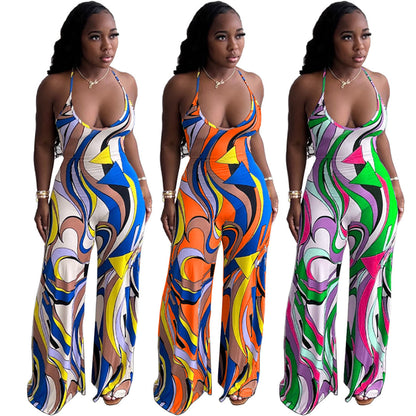 Sleeveless Casual Print Halter Strap Backless Fitted Jumpsuit