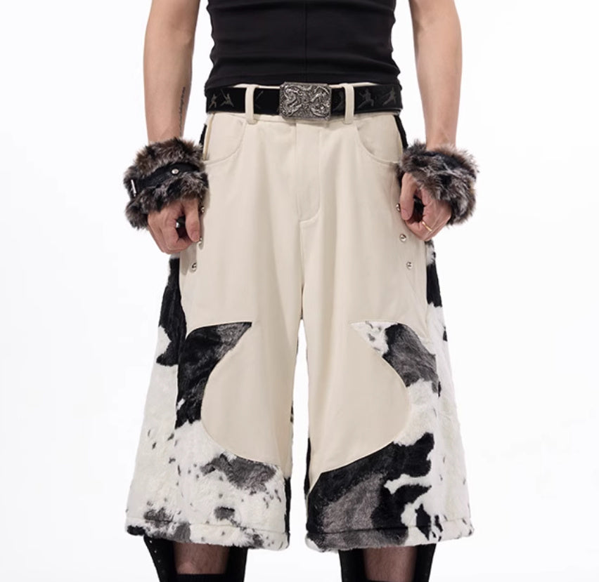 Stitching Milk Fiber Fur Cropped Pants