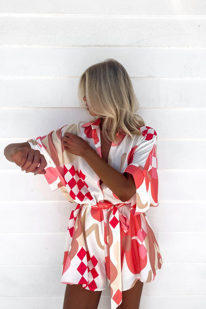 Women's Printed Lace Up Waist-tight Cardigan 5-point Sleeve One-piece Shorts