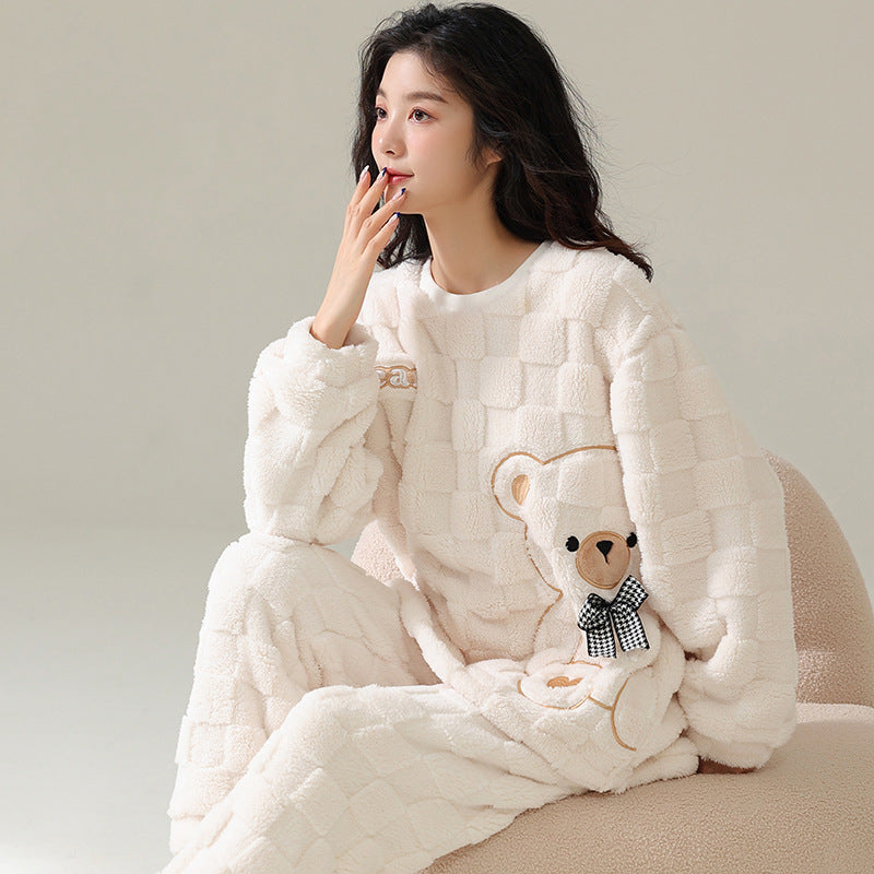 Cartoon Coral Fleece Pajamas Women's Pullover Long-sleeved Thickened Warm