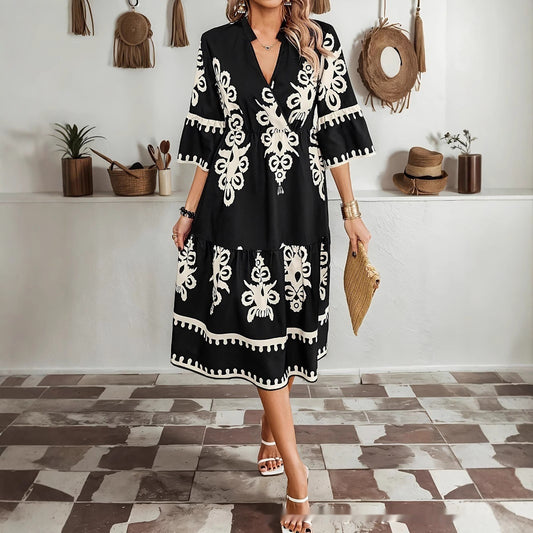 Summer New Women's Clothing V-neck Casual Style Loose Print Dress