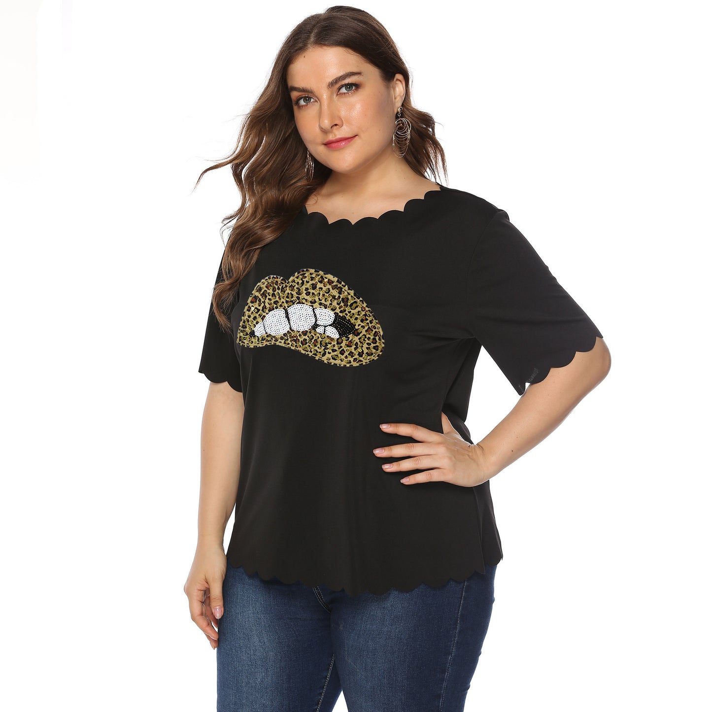 Leopard print lips wavy short sleeve T-shirt