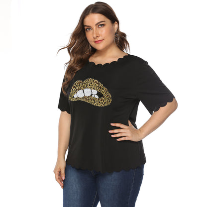 Leopard print lips wavy short sleeve T-shirt