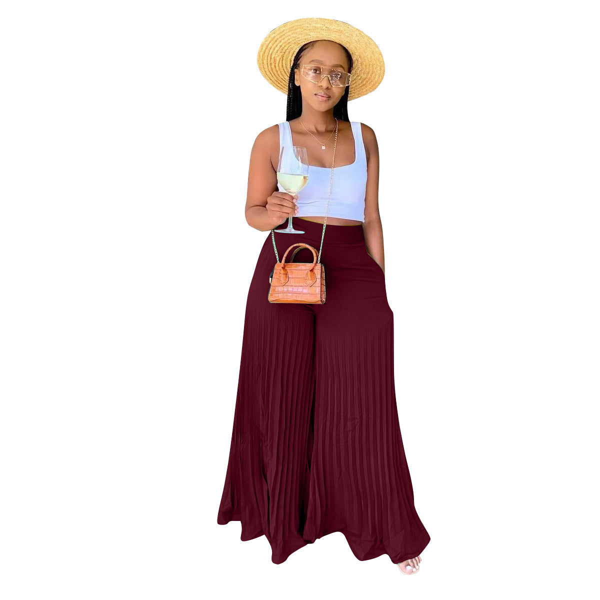 Women's Summer Pleated Chiffon Solid Color Wide-leg Pants