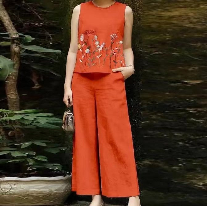 Women's Embroidered Sleeveless Long-sleeved Suit Two-piece Set