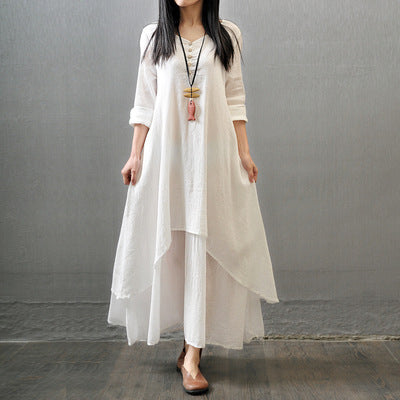 Loose Long Sleeve Cotton And Linen Skirt