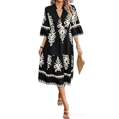 Summer New Women's Clothing V-neck Casual Style Loose Print Dress
