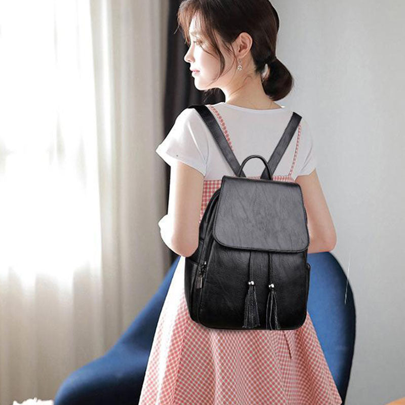 Ladies Large-capacity Soft Leather Backpack With Fringe