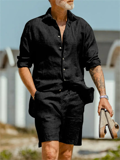 Pring Summer Green Casual Long Sleeved Shirt And Shorts Set