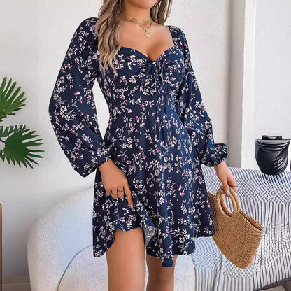Casual Lace Up Square Collar Floral Print Long Sleeve A- Line Dress