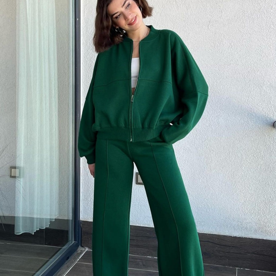 European And American Solid Color Zipper Cardigan Sweater Fashion Casual Set