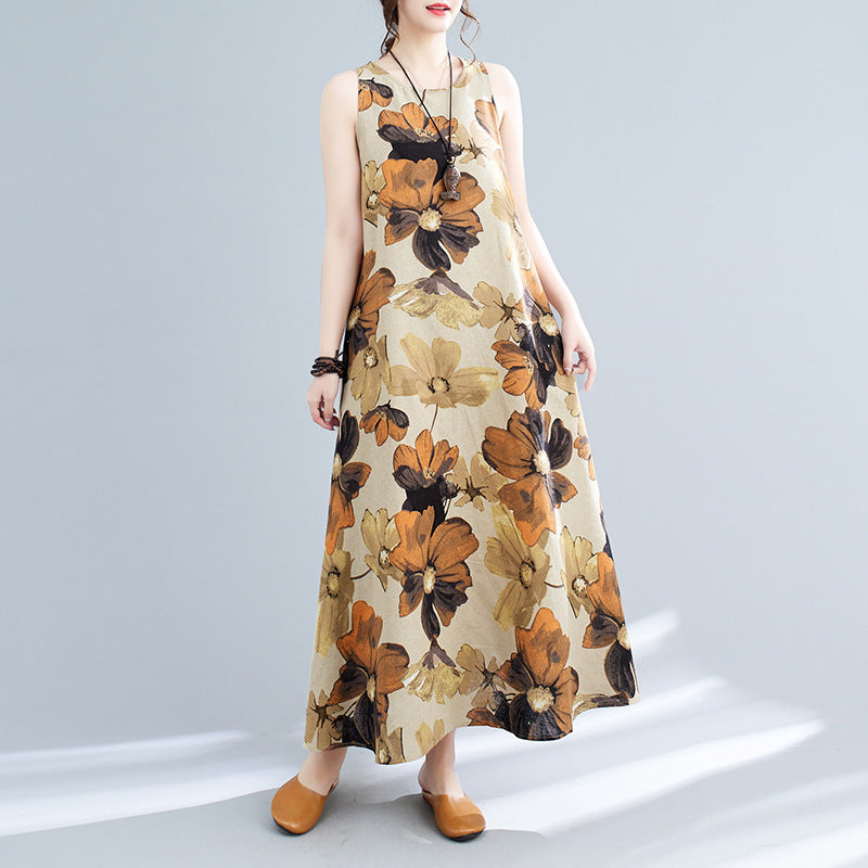 New Simple Fashion Bohemian Maxi Dress Sleeveless Round Neck Printed Dress Women