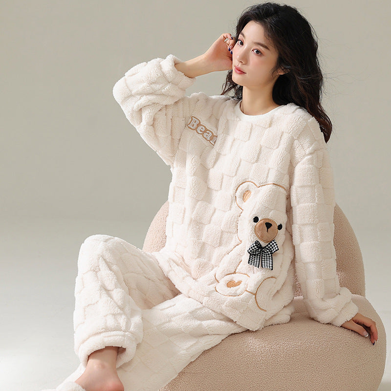 Cartoon Coral Fleece Pajamas Women's Pullover Long-sleeved Thickened Warm