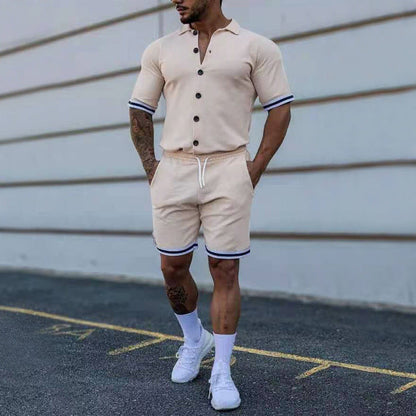 Men's Exercise New Solid Color Lapel Button Short-sleeved Shirt And Shorts Suit