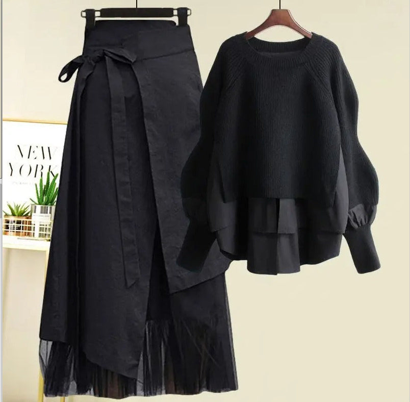 Women's Fashion Wear Loose Western Style Lazy Style Sweatshirt Slimming Skirt Two-piece Set