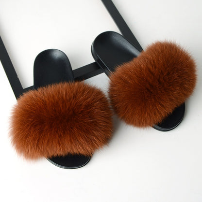 Real hair fox fur slippers female summer word drag fur plush shoes outside wearing sandals slip flat bottom