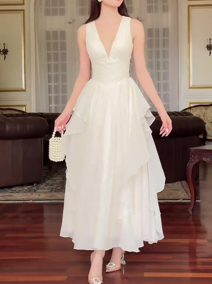 Sleeveless Ruffled White Dress