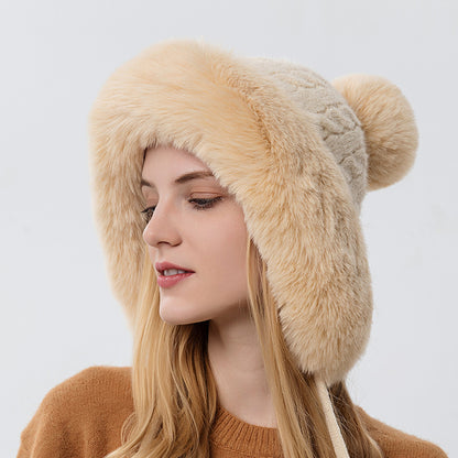 Three Fur Balls Outdoor Thickening And Fleece Cold Proof Warm Solid Color Knitted Hat