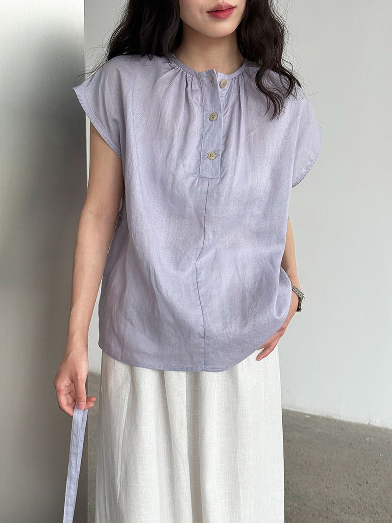 Tencel Linen Round Neck Waist Trimming Shirt For Women