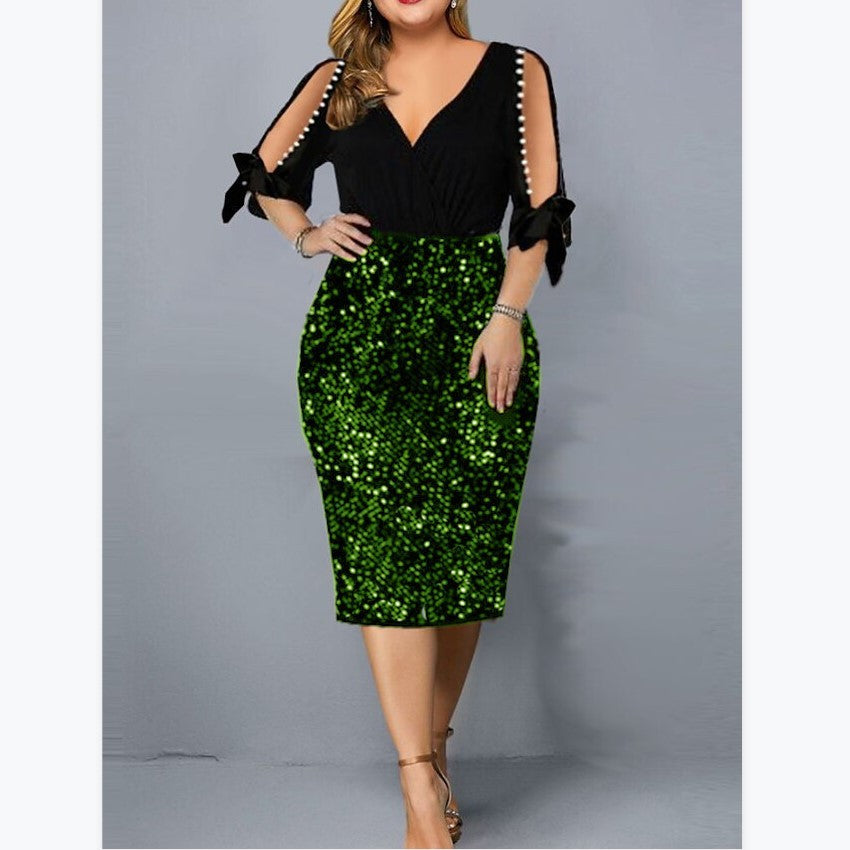 New V-neck Personality Sequins Plus Size Women's Dress