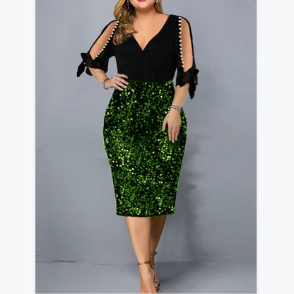 New V-neck Personality Sequins Plus Size Women's Dress