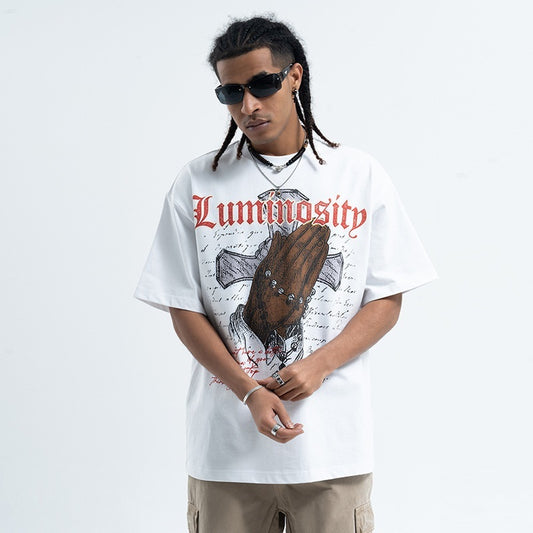 Vintage Cross Letter Printed Loose Short Sleeve T-shirt Men
