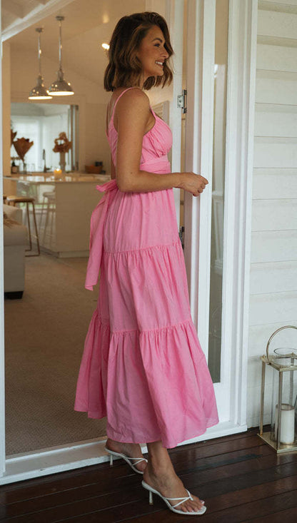 Solid Color V-neck Suspender Stitching Large Swing Long Dress