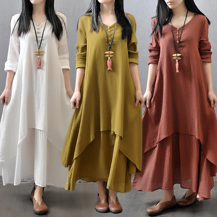Loose Long Sleeve Cotton And Linen Skirt