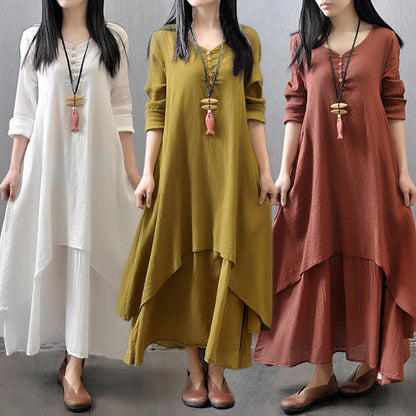 Loose Long Sleeve Cotton And Linen Skirt