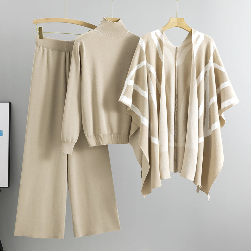 New Elegant Knitted Sweater Shawl Wide Leg Pants Three-piece Set