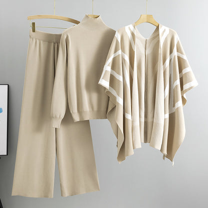 New Elegant Knitted Sweater Shawl Wide Leg Pants Three-piece Set