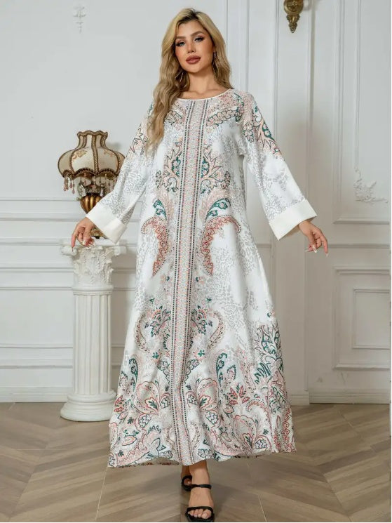 Elegant Floral Print Long Sleeve Abaya Dress