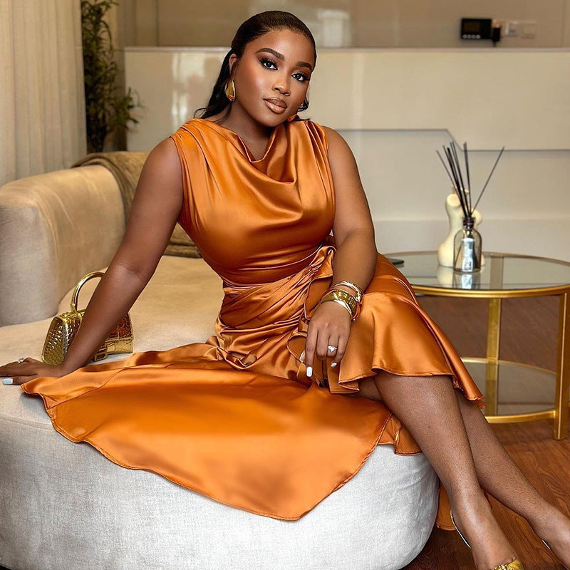 Sleeveless Slim Fit Ruffled Mid-length Irregular Dress