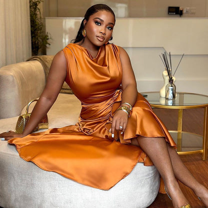 Sleeveless Slim Fit Ruffled Mid-length Irregular Dress