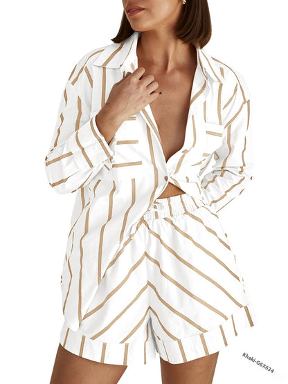Summer Loose Striped Cardigan Shorts Suit