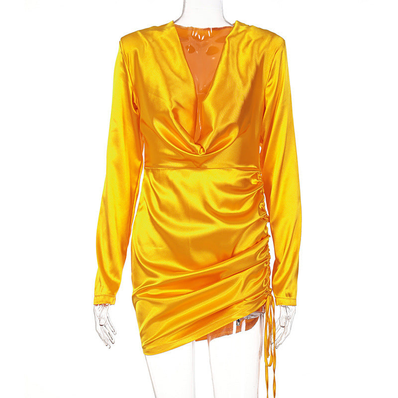 Women's New V-neck Long-sleeved Drawstring Hip Dress