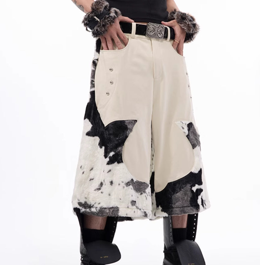 Stitching Milk Fiber Fur Cropped Pants