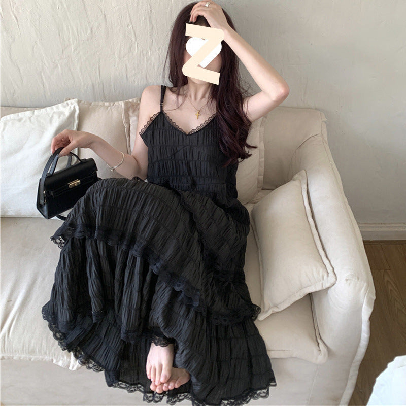 French Strap Summer Vacation Style Small Loose Tiered-Ruffle Long Dress