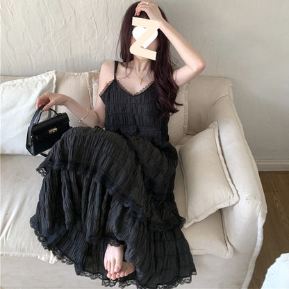 French Strap Summer Vacation Style Small Loose Tiered-Ruffle Long Dress