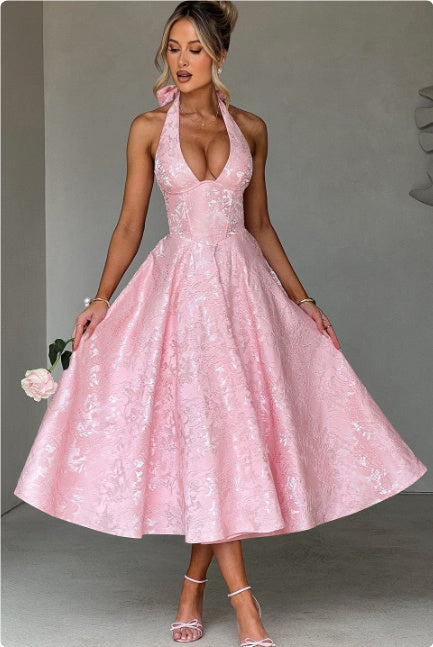 V-neck Halter Sleeveless Jacquard Lace-up Waist Vacation Style Long Senior Dress