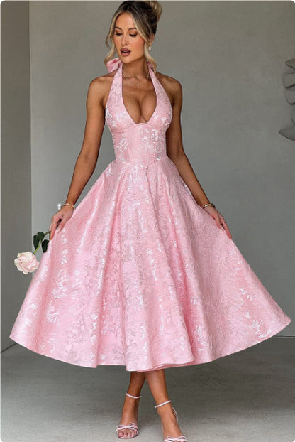 V-neck Halter Sleeveless Jacquard Lace-up Waist Vacation Style Long Senior Dress