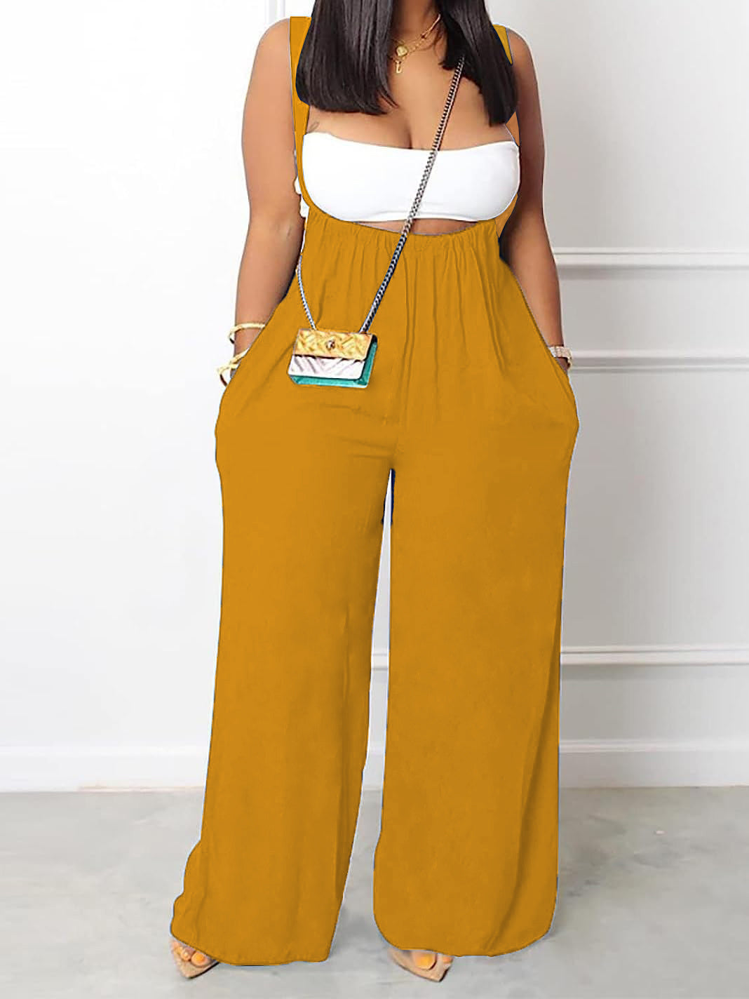 Plus Size Solid Color Pocket Overalls Casual Women's Pants