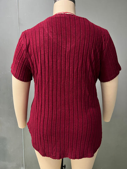Solid Color Plus Size Women's Clothes Top V-neck Sunken Stripe Short Sleeve T-shirt