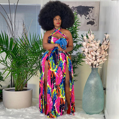 Ladies Fashion Print Halter Slit Dress